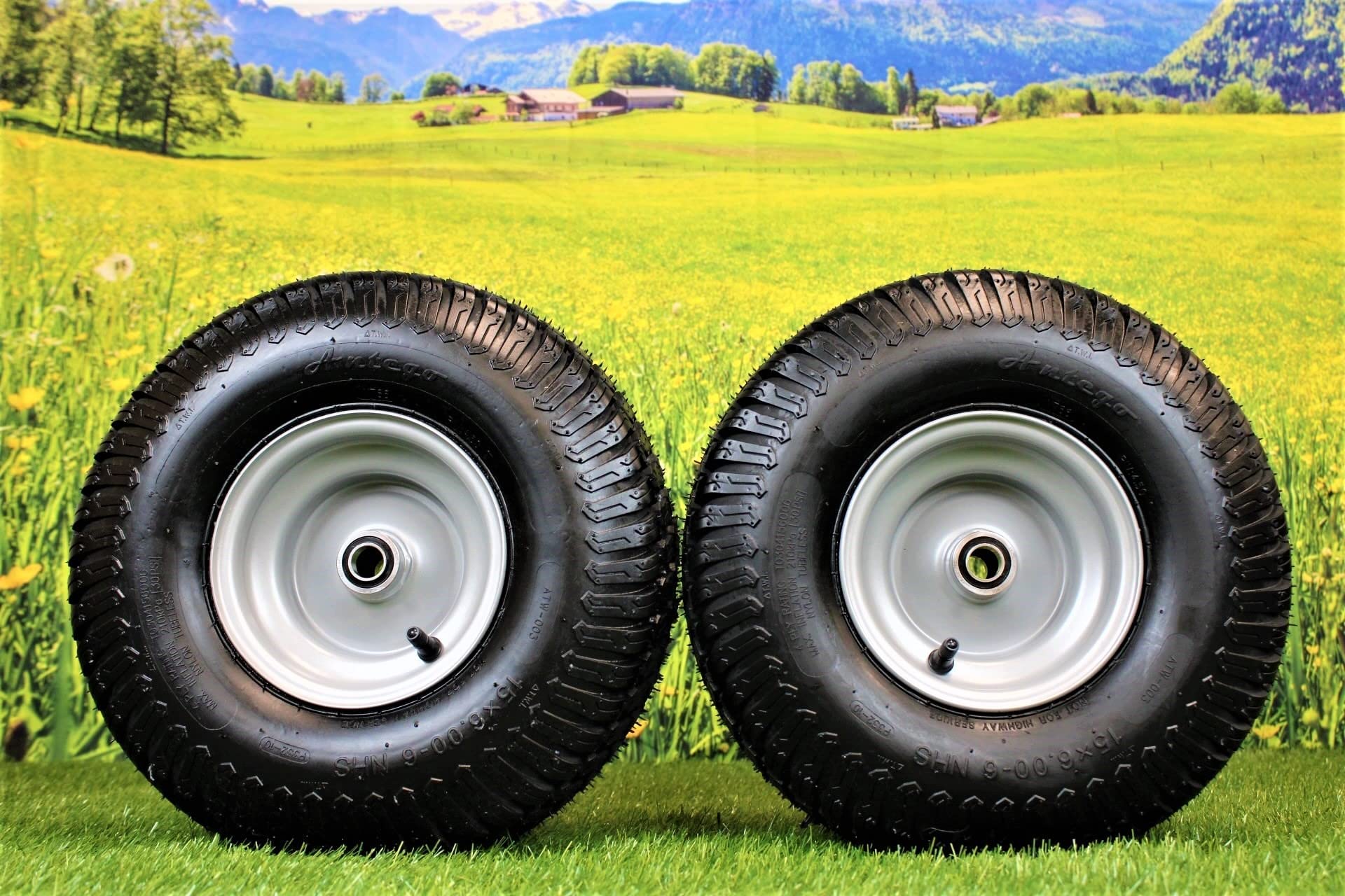 Antego Tire & Wheel (Set of 2) 15x6.00-6 Tire and Wheel Assemblies, ATW-003, 4 Ply Turf Tires, .75" Precision Ball Bearings, Poulan/Husqvarna Mower Front Tires, and Honda Lawn Mower Tires 15x6.00-6
