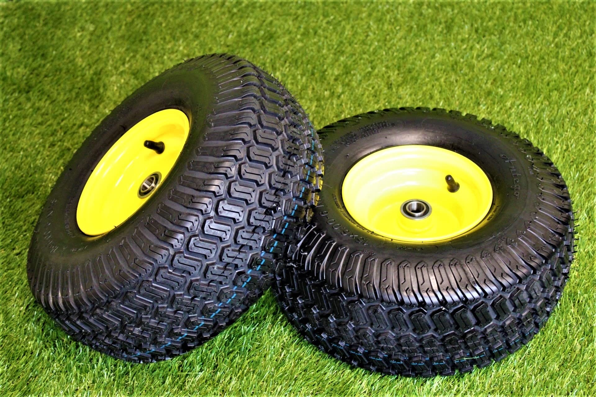 Antego Tire & Wheel (Set of 2) 15x6.00-6 Tire and Wheel Assemblies, ATW-003, 4 Ply Turf Tires, .75" Precision Ball Bearings, John Deere 15x6.00-6NHS Lawn Mower Tires, John Deere Front Tires 15x6.00-6